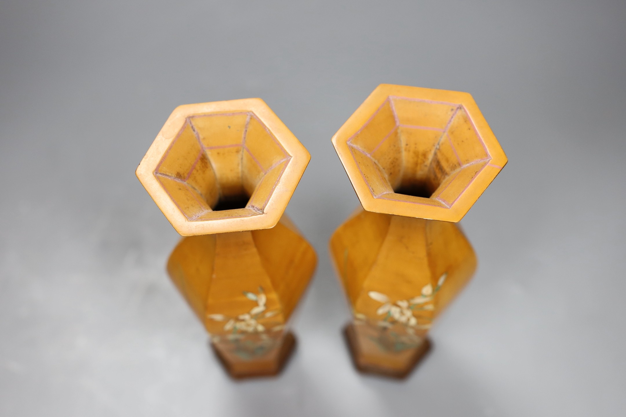 A pair of Chinese bamboo veneer vases, on stands, 20cm high